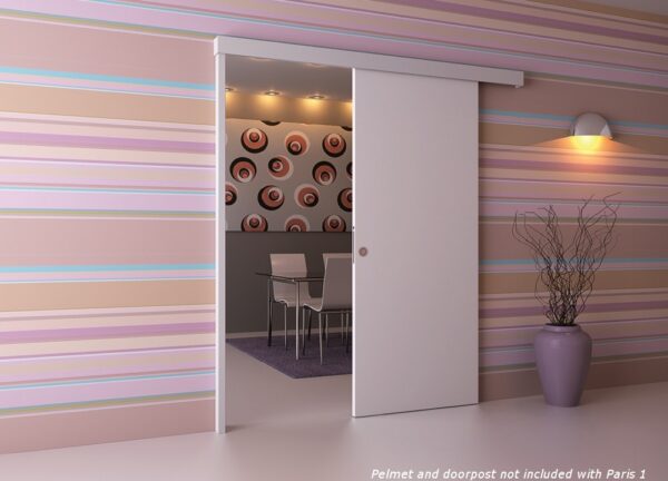 A modern room with pastel striped wallpaper and a white ECLISSE Wall Mounted Sliding Door Kit-2m Track-Paris 1, a purple vase with twigs, and a dining area beyond. Text reads: “Pelmet and doorpost not included with Paris 1.”.