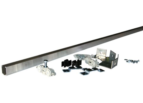 ECLISSE Wall Mounted Sliding Door Kit-2m Track-Paris 1 includes a metal track, roller assemblies, brackets, and mounting hardware displayed on a white background—perfect for installing sliding or pocket doors.