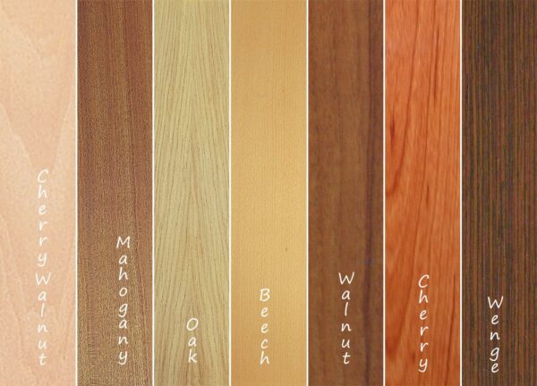 Seven vertical wood samples labelled Cherry Walnut, Mahogany, Oak, Beech, Walnut, Cherry, and Wenge showcase unique grains and colours—ideal for use with the Eclisse Pocket Door System - CURVED DOUBLE.
