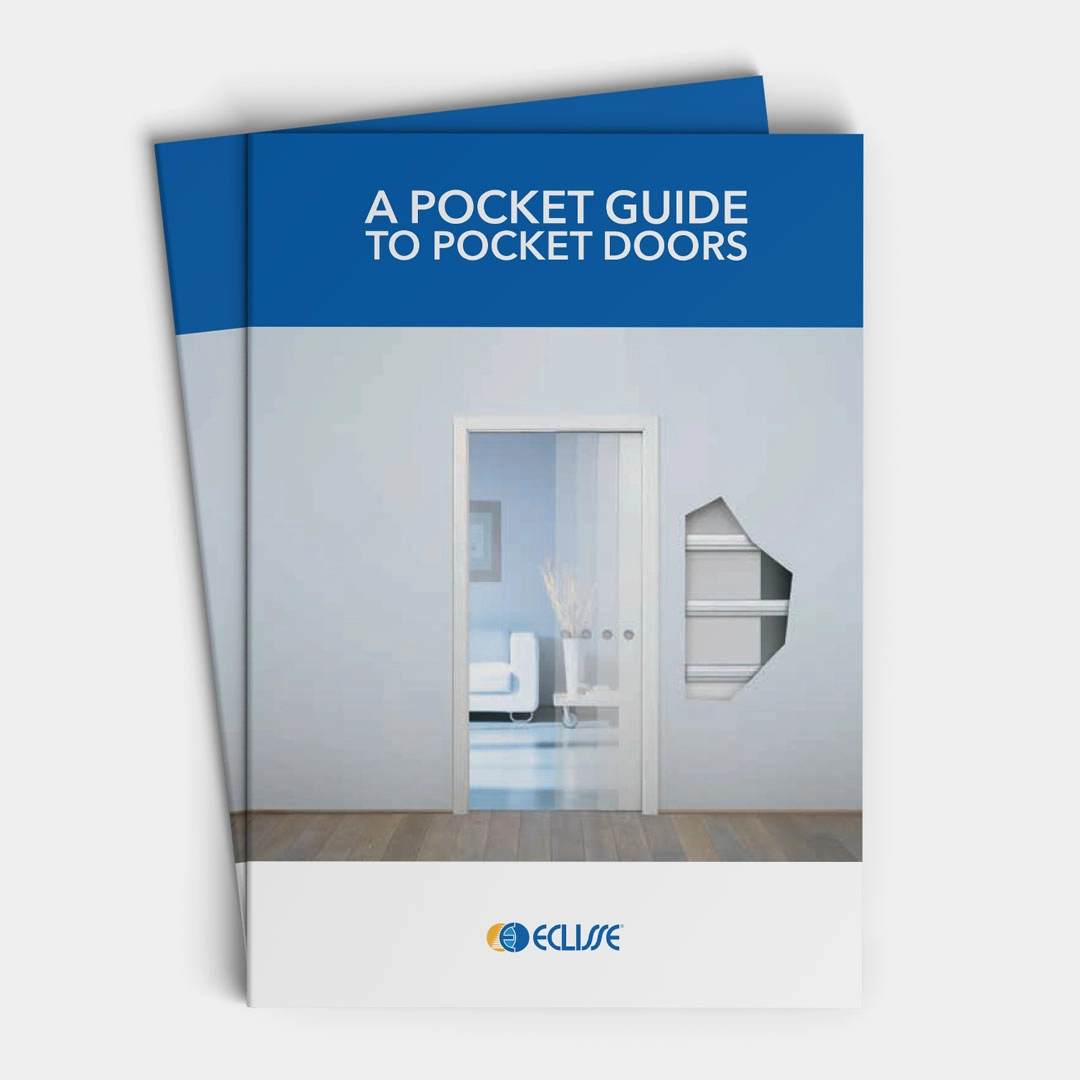 A booklet titled A Pocket Guide to Pocket Doors featuring a cover image of a modern sliding pocket door partially open, revealing a bright room, with built-in shelves on the wall and the Eclisse logo at the bottom.