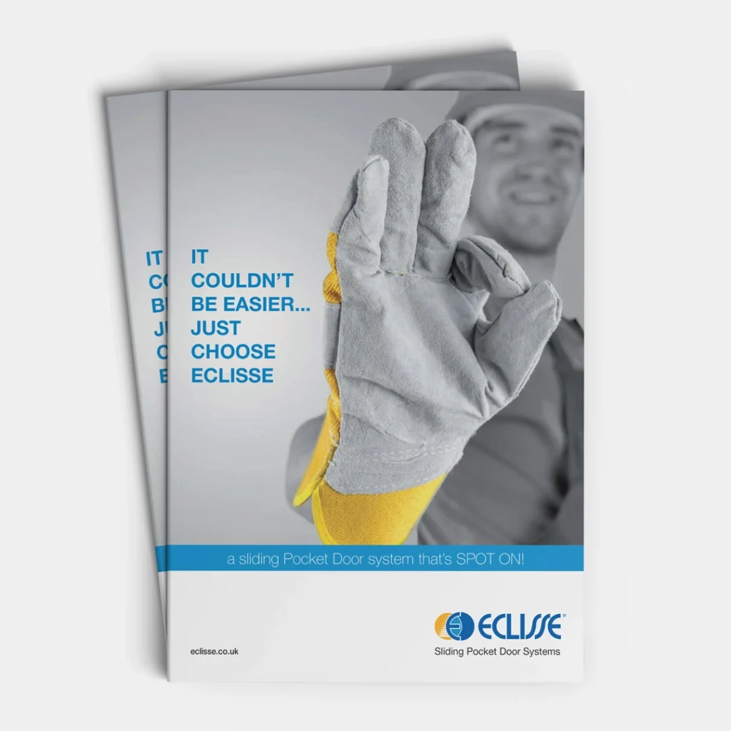 A brochure for Eclisse Sliding Pocket Door Systems shows a gloved hand making an OK gesture. Blue text reads: It couldn’t be easier... just choose Eclisse Pocket Doors. The ECLISSE logo appears at the bottom.