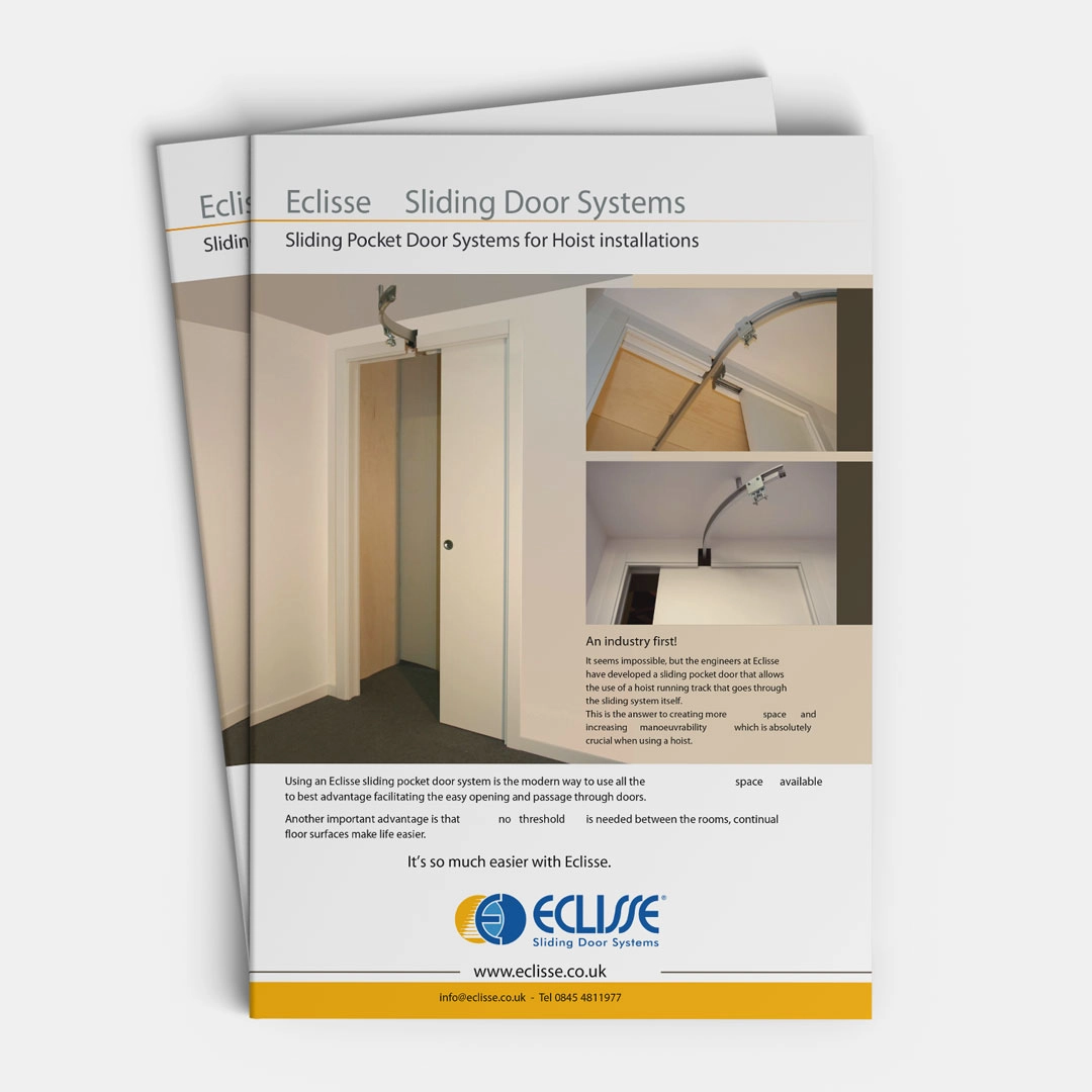 Two brochures for ECLISSE Sliding Door Systems are shown, featuring images of Pocket Doors with overhead tracks and a hoist installation. The ECLISSE logo and contact details appear at the bottom.