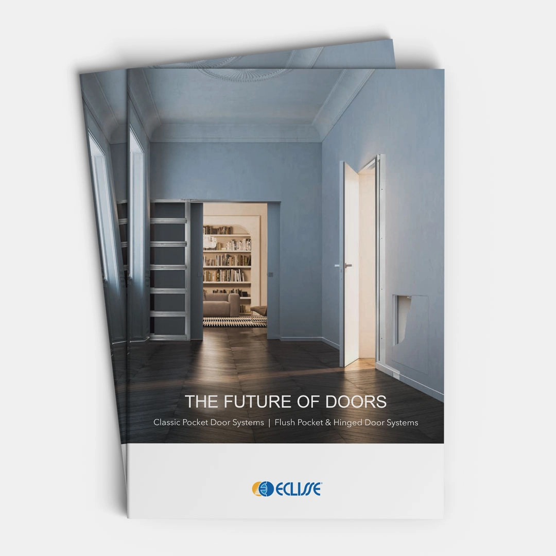 A brochure cover titled The Future of Doors features a modern interior with an ECLISSE Pocket Door opening to a bookshelf-filled room. The Eclisse logo is at the bottom, accented in white and blue.