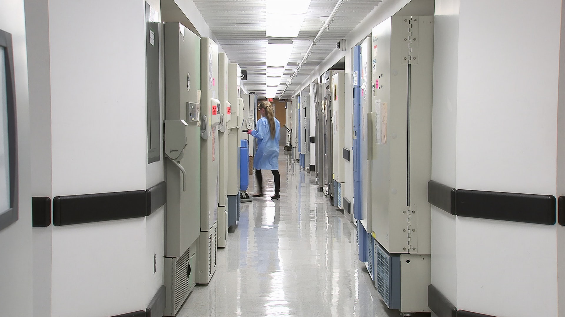 A person in a lab coat stands in a bright, clean corridor with large scientific freezers on both sides and sleek ECLISSE sliding doors leading to different sections of the laboratory or research facility.