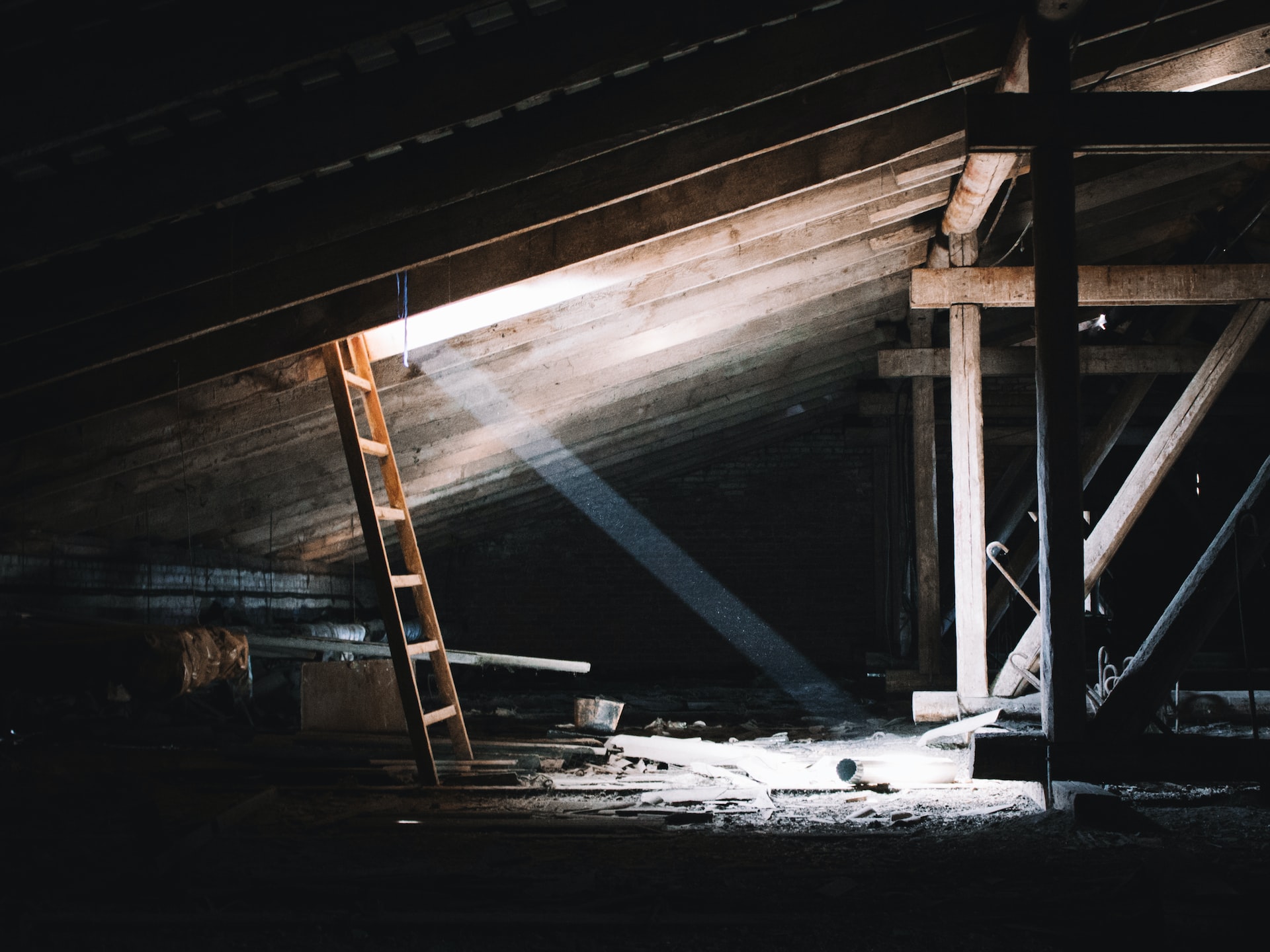 A dusty, cluttered loft with wooden beams and scattered debris is dimly lit by a single shaft of sunlight coming through a small window above an old wooden ladder and a hidden ECLISSE Pocket Door.