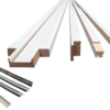 The ECLISSE Classic Single Pocket Door Kit is displayed with five white-painted wooden door jamb styles, each featuring unique profiles, and several strips of black and white draughtproofing, all set against a white background.