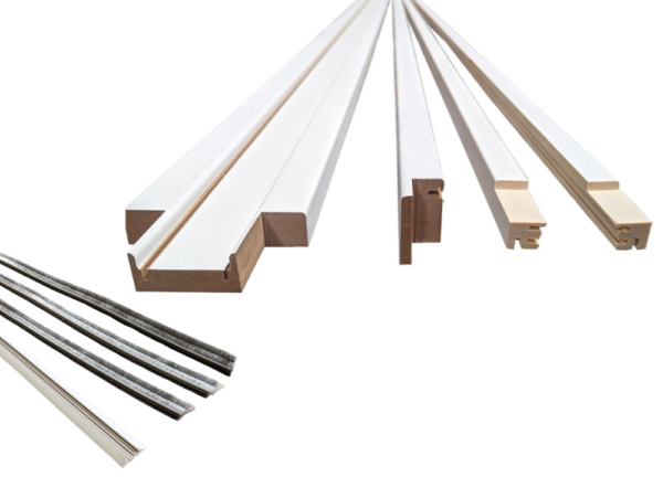 The ECLISSE Classic Single Pocket Door Kit is displayed with five white-painted wooden door jamb styles, each featuring unique profiles, and several strips of black and white draughtproofing, all set against a white background.