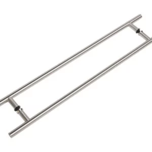 The Eclisse Pull Bar Handle - Back to Back features stainless steel parallel bars joined by horizontal rods and black mounting fittings, designed for use on timber and glass sliding doors.