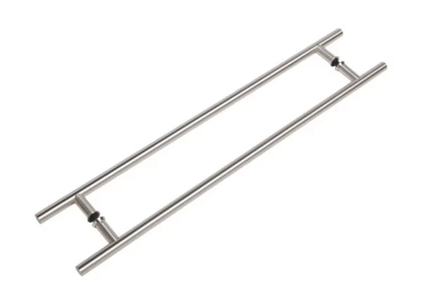 The Eclisse Pull Bar Handle - Back to Back features stainless steel parallel bars joined by horizontal rods and black mounting fittings, designed for use on timber and glass sliding doors.