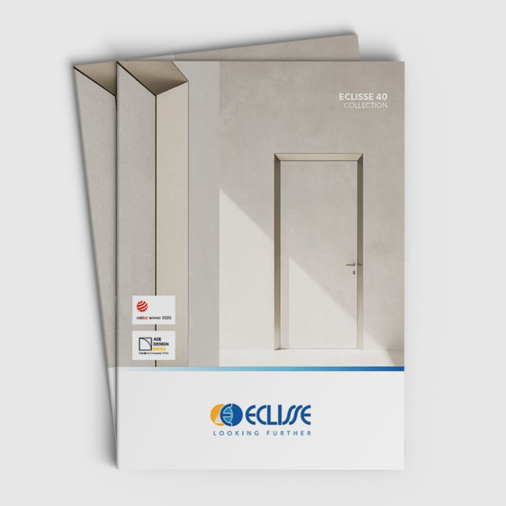 A brochure cover for the ECLISSE 40 Collection featuring a modern, minimalist pocket door with a metallic frame on a light wall, ECLISSE logo at the bottom, and award logos in the lower left corner.