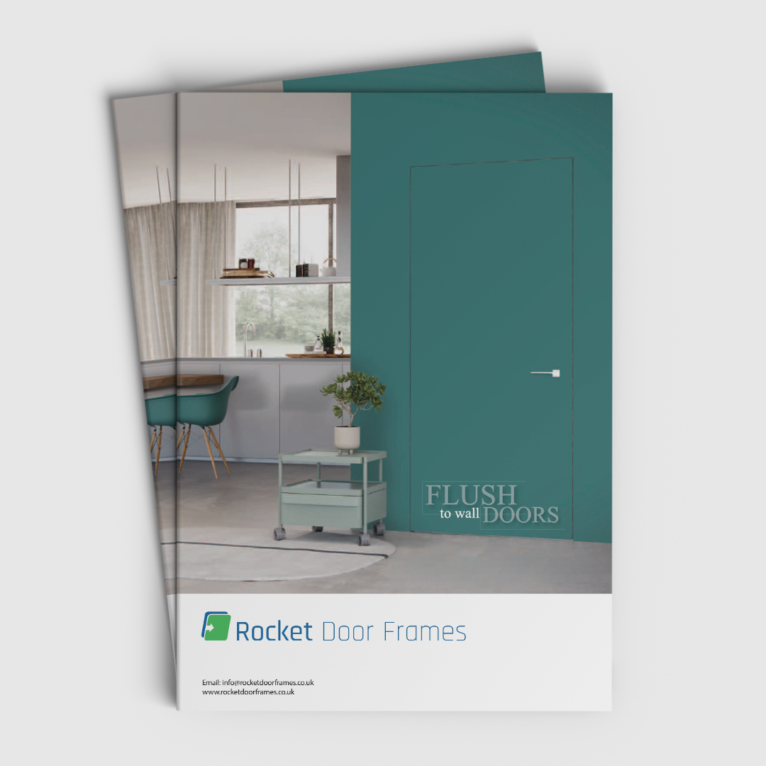 A brochure cover for Rocket Door Frames featuring a modern room with a teal ECLISSE flush-to-wall door, a teal trolley, and a dining area with large windows in the background. The Rocket Door Frames logo and contact info are at the bottom.