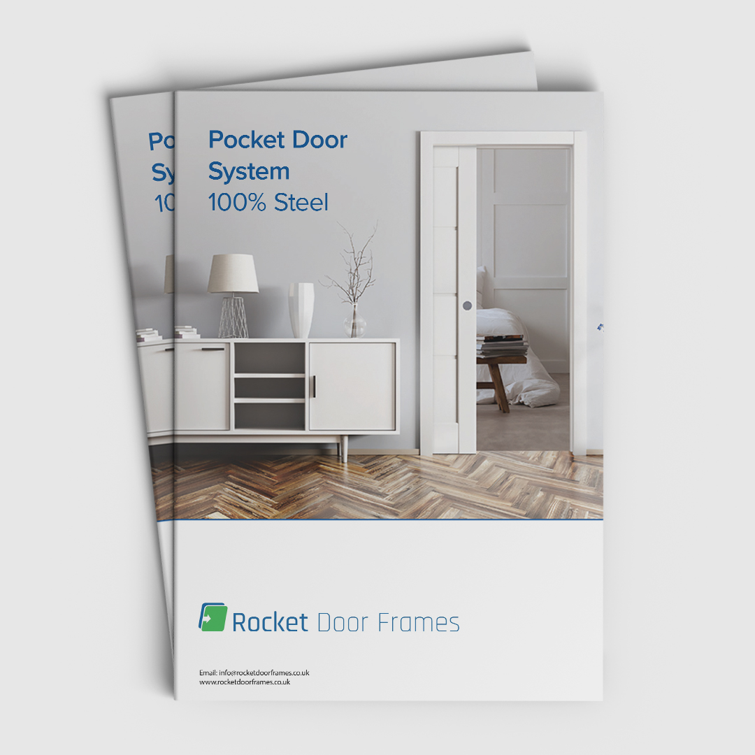 Two brochures for Rocket Door Frames showcase a modern interior with a white ECLISSE pocket door partially open to a bedroom. The text reads Pocket Door System 100% Steel, with the Rocket Door Frames logo at the bottom.