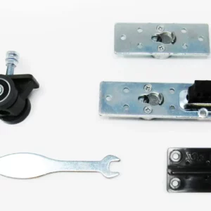 The Cavity Sliders Carriage Packs include two rollers with bolts, two metal plates, a small block, a spanner, and a black bracket, all shown on a white background.