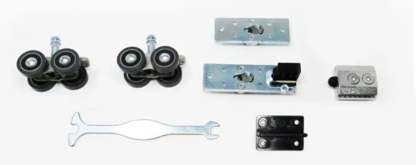 Cavity Sliders Carriage Packs displayed on a white surface, featuring rollers, mounting plates, a spanner, brackets, and fixings.