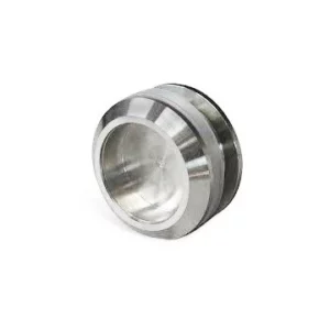 A shiny, cylindrical metal component with a hollow centre and a groove around its outer edge, positioned on a white background.