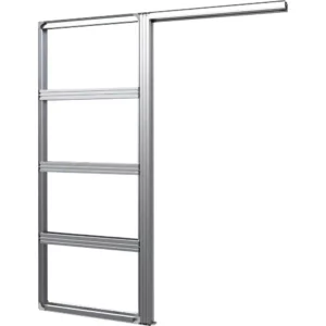 The Cavity Slider Pocket Door Frame Kit, shown unpainted against a white background, features rectangular openings and installs inside a wall to let your sliding door glide smoothly into the wall cavity.