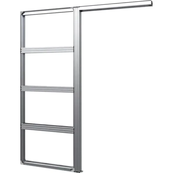 The Cavity Slider Pocket Door Frame Kit, shown unpainted against a white background, features rectangular openings and installs inside a wall to let your sliding door glide smoothly into the wall cavity.