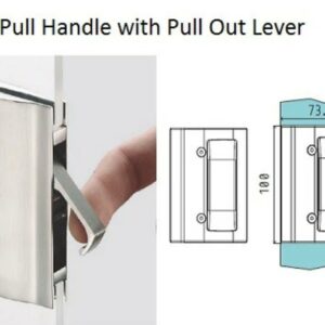 A hand pulls the pull-out lever of the Glass Door Handle – Flush Pull Handle with Pull Out Lever (V-406) from its recessed position on a door. Next to it, technical drawings display the handle’s dimensions: 100 mm in height and 73.8 mm in width.