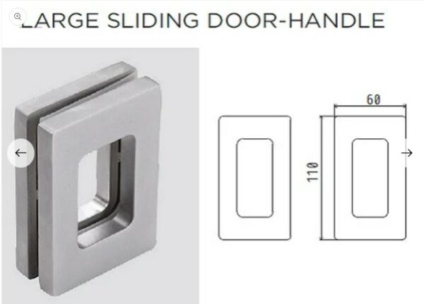 Glass Door Handle - Large Pull Handle (V-511) shown from an angle alongside a technical drawing. The handle measures 110 mm in height and 60 mm in width, featuring a hollow centre for grip.